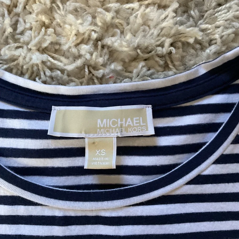 Michael Kors Navy White Striped Ruffle Sleeve Zipper Accent Shift Dress‎ XS